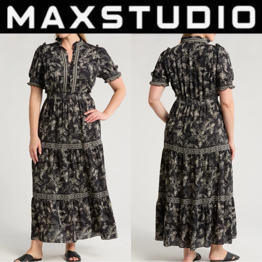 MAX STUDIO LONDON BLACK PAISLEY MAXI DRESS BOHO TIERED SMOCKED WAIST **NWT**